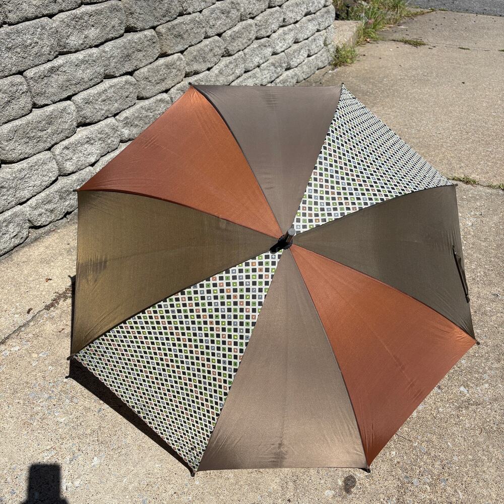 Vintage Aramis Talks Weather Umbrella Brown Rust Geometric Wood Handle 1980s